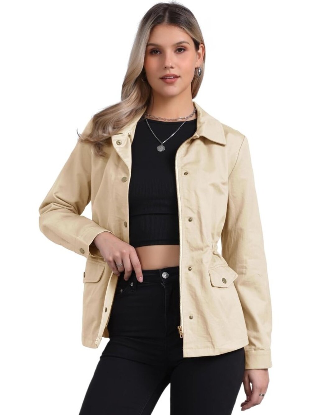 Women's Beige Zip Up Snap Buttons Drawstring Waist Pockets Anorak Utility Jacket